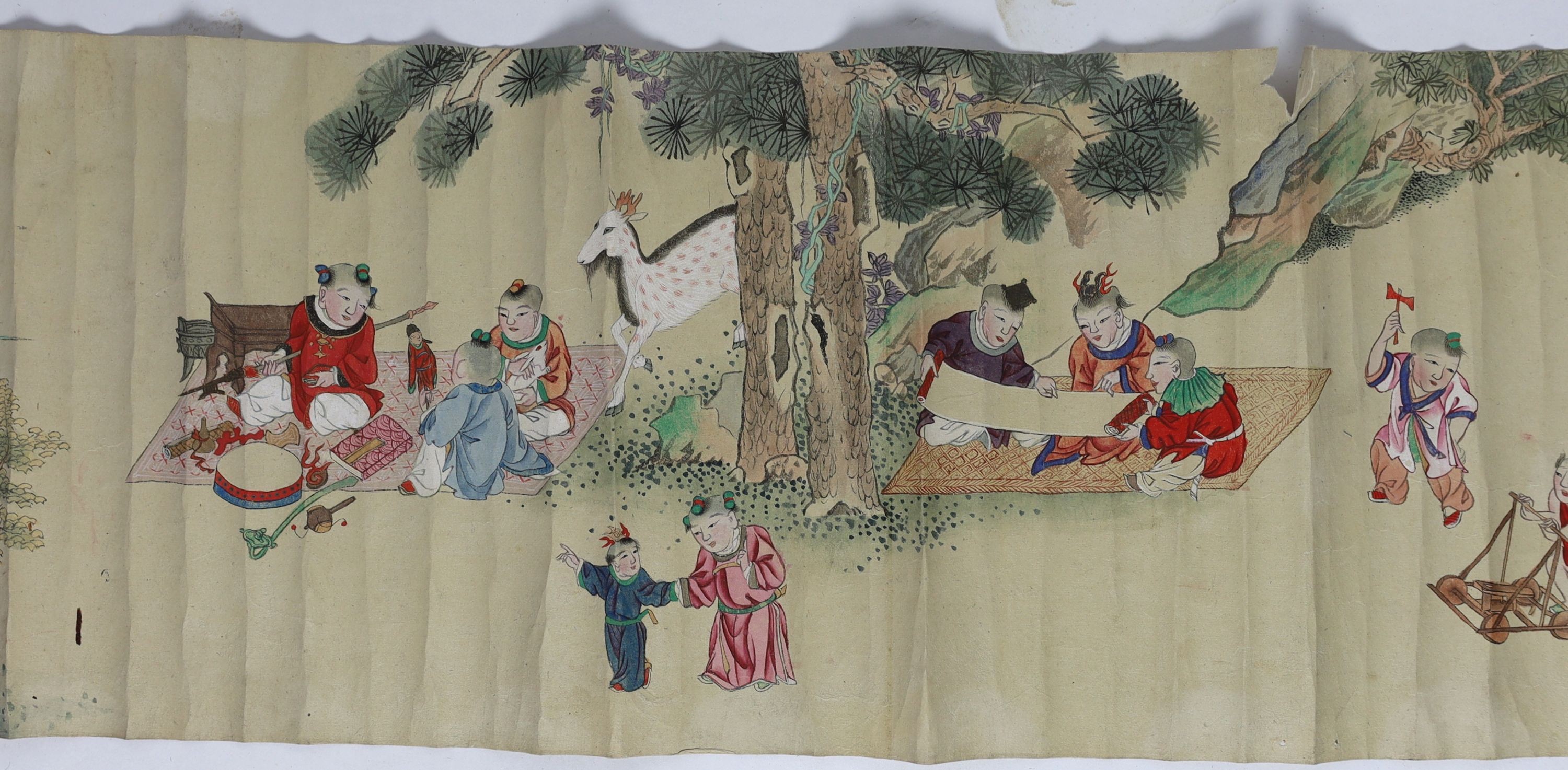 A Chinese handscroll painting on paper of ‘Hundred boys’ in a garden, late Qing dynasty, image 570cm x 26cm